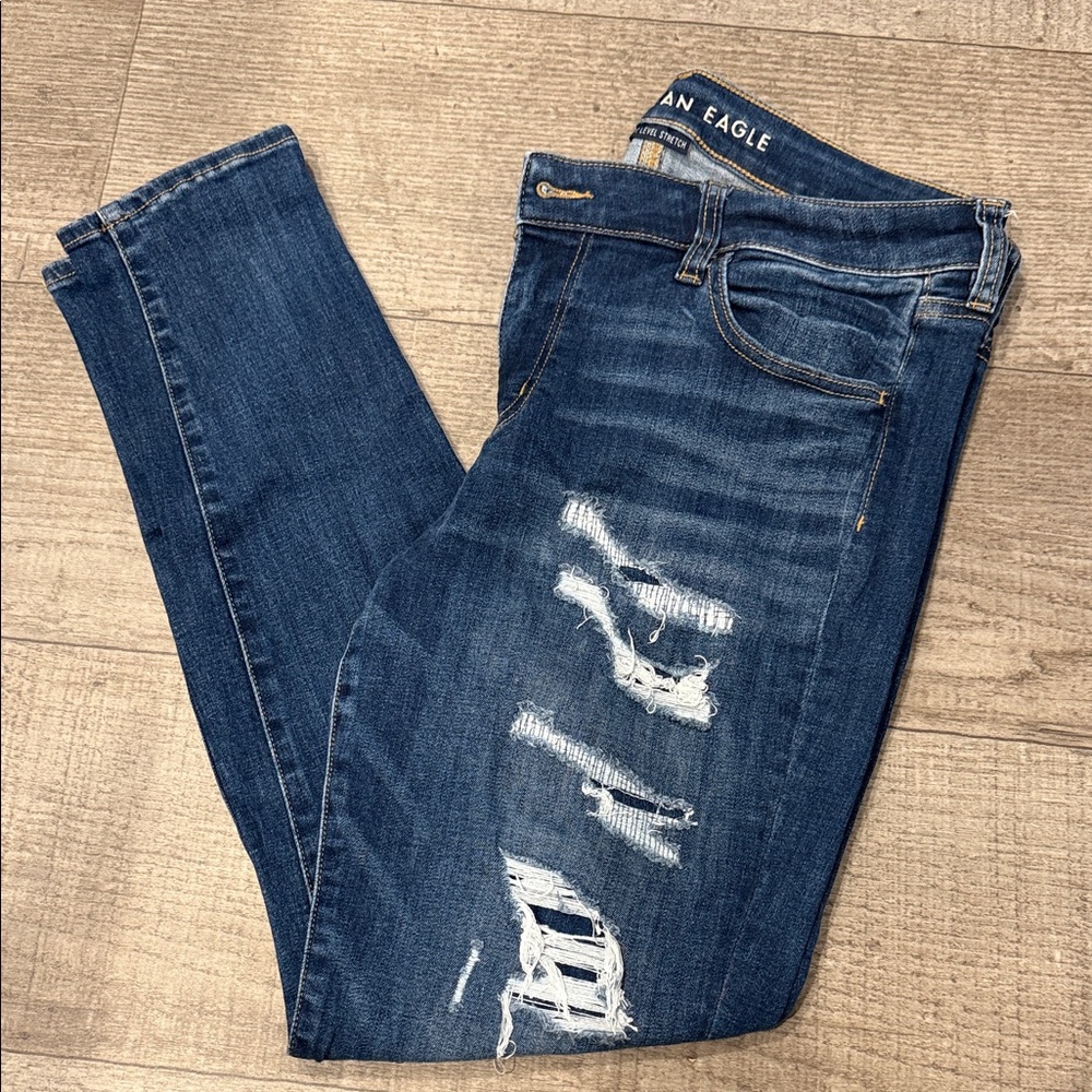 American Eagle Outfitters Women's Dark Blue Ripped Skinny Jeans